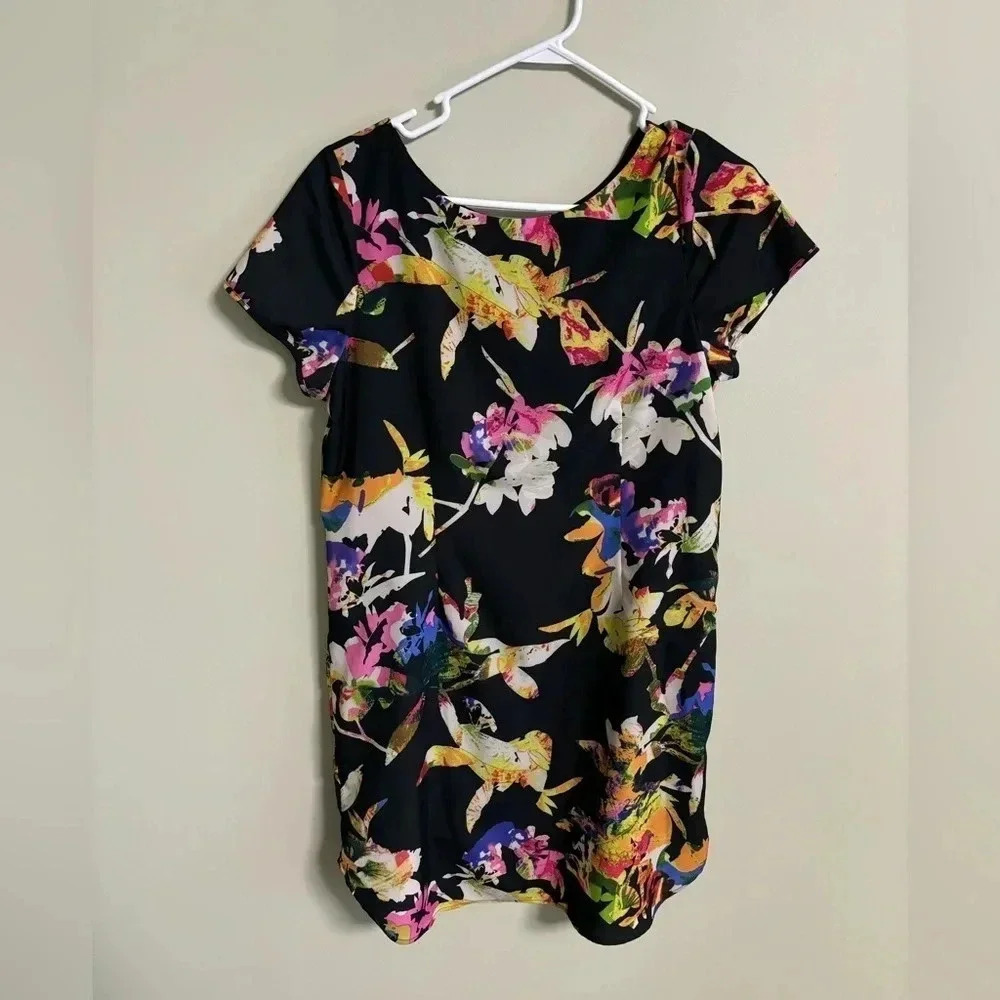 Yumi Kim Anthropologie Elana Black Tropical Floral Zipper Shift Dress Size Large